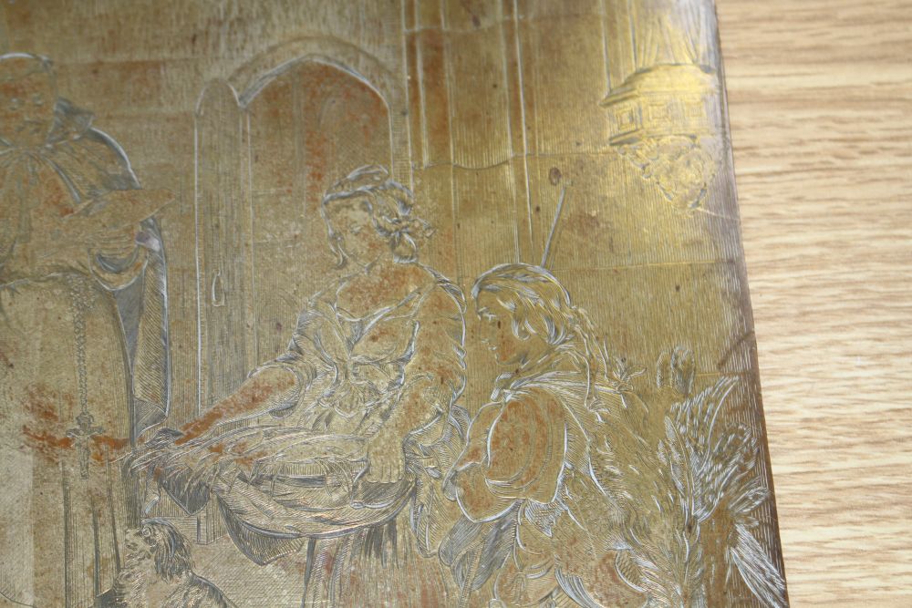 A 19th century engraved copper printing plate, probably later gilded, depicting figures around a stag